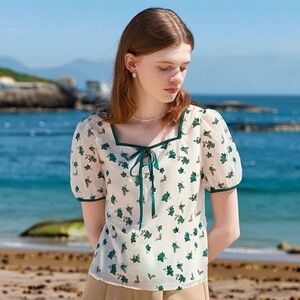 floral embroidery lace square neckline short puff sleeve crop top shirt